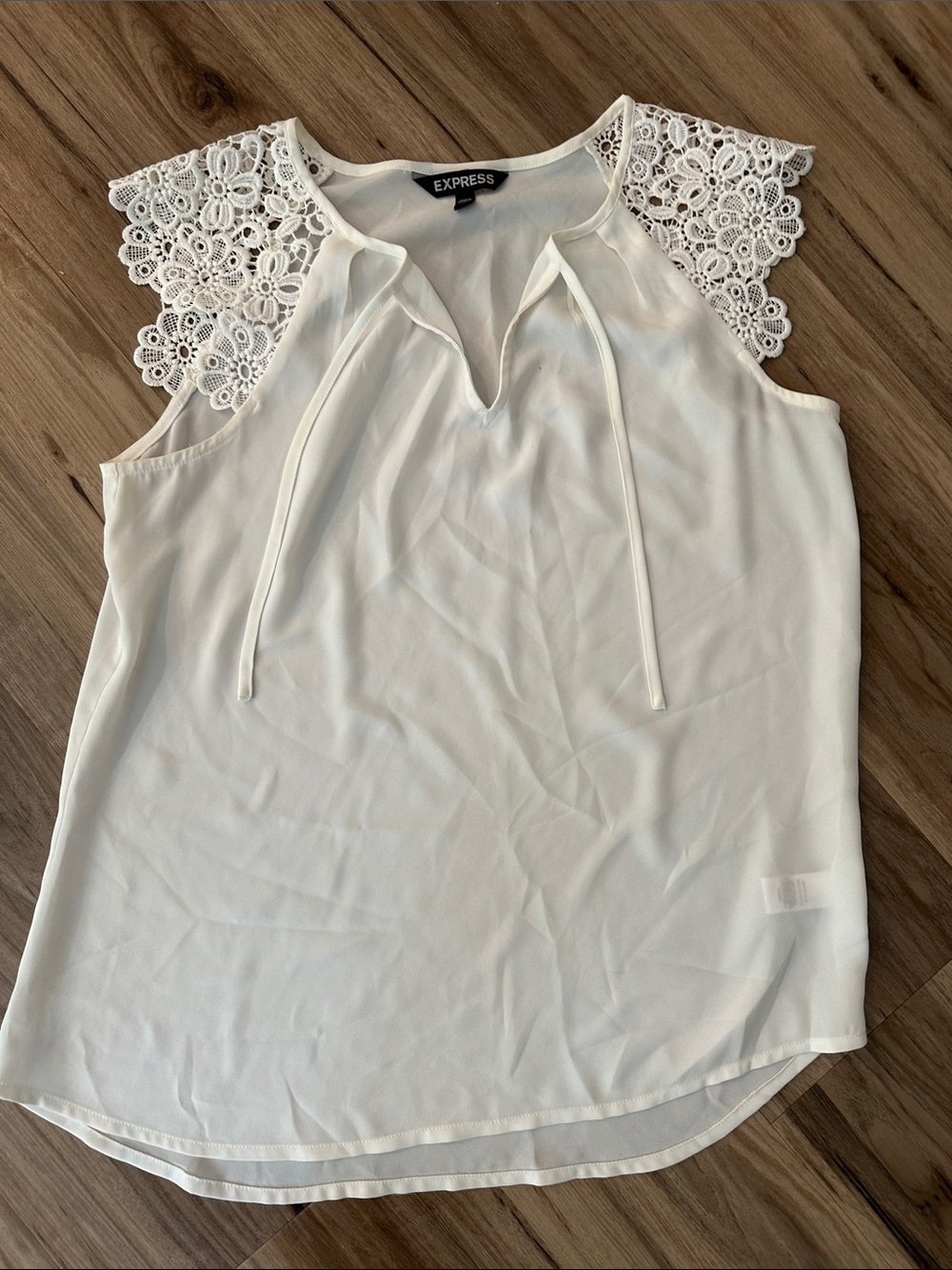 Express Ivory Lace-Shoulder Tie Neck top